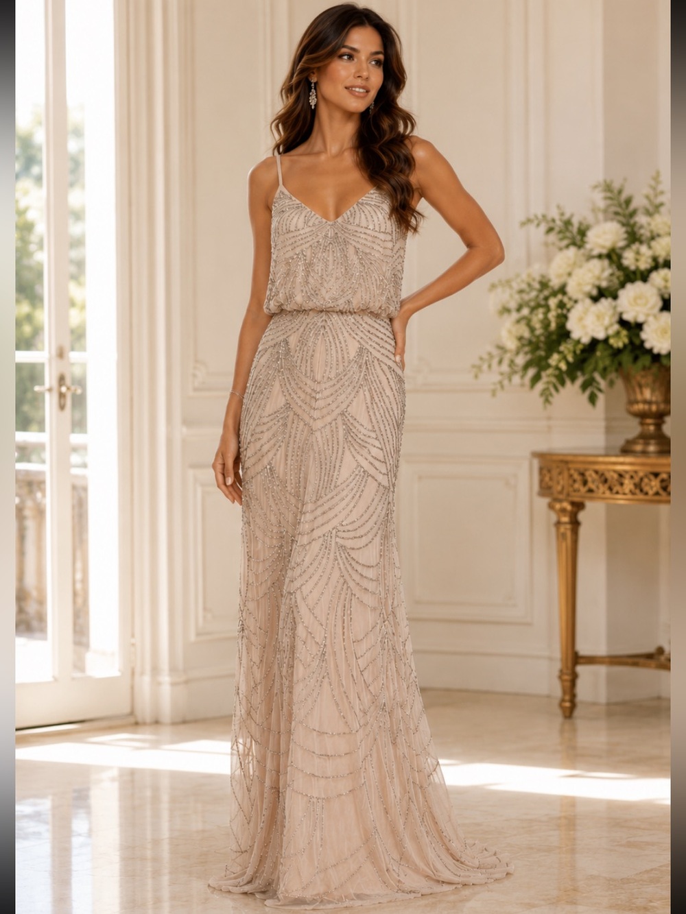Adrianna Papell beaded sleeveless blouson Long Dress